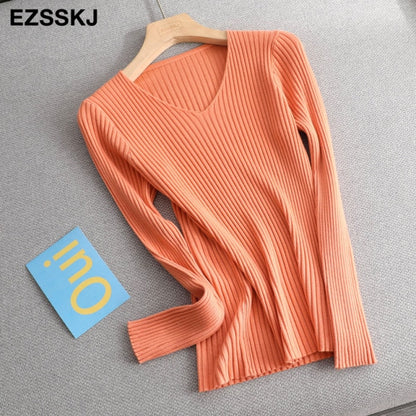 2021 basic v-neck solid autumn winter Sweater Pullover Women Female Knitted sweater slim long sleeve badycon sweater cheap