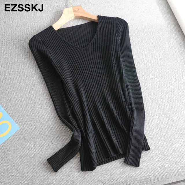 2021 basic v-neck solid autumn winter Sweater Pullover Women Female Knitted sweater slim long sleeve badycon sweater cheap