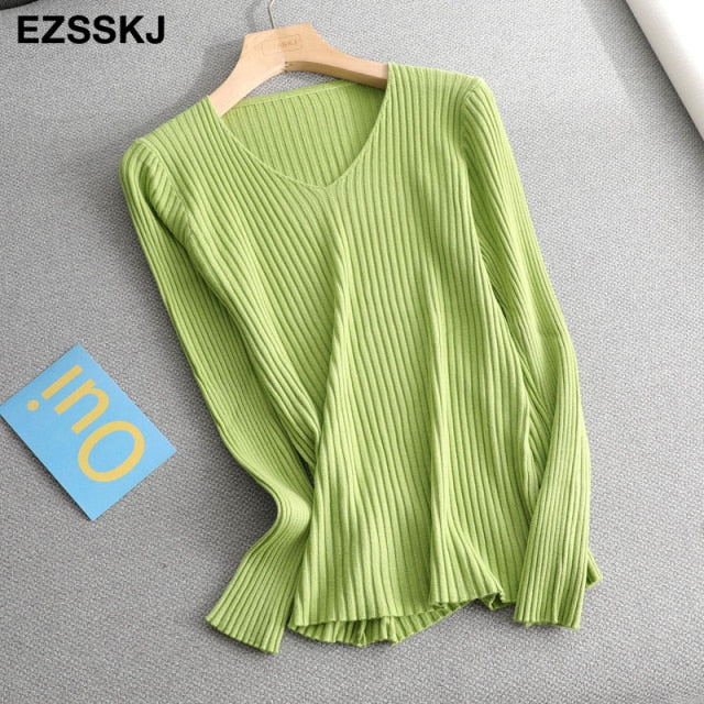 2021 basic v-neck solid autumn winter Sweater Pullover Women Female Knitted sweater slim long sleeve badycon sweater cheap