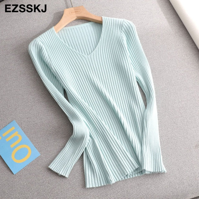 2021 basic v-neck solid autumn winter Sweater Pullover Women Female Knitted sweater slim long sleeve badycon sweater cheap