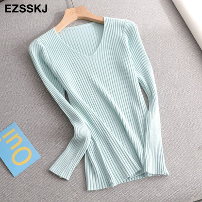 2021 basic v-neck solid autumn winter Sweater Pullover Women Female Knitted sweater slim long sleeve badycon sweater cheap