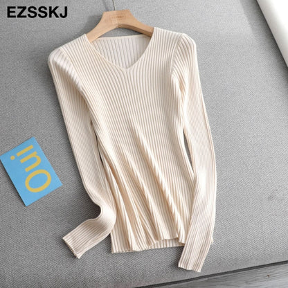 2021 basic v-neck solid autumn winter Sweater Pullover Women Female Knitted sweater slim long sleeve badycon sweater cheap