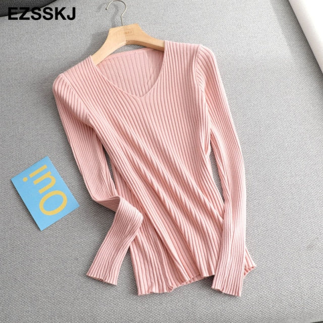 2021 basic v-neck solid autumn winter Sweater Pullover Women Female Knitted sweater slim long sleeve badycon sweater cheap