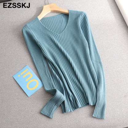 2021 basic v-neck solid autumn winter Sweater Pullover Women Female Knitted sweater slim long sleeve badycon sweater cheap