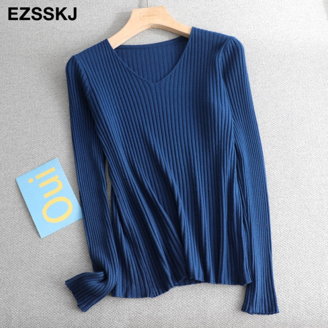2021 basic v-neck solid autumn winter Sweater Pullover Women Female Knitted sweater slim long sleeve badycon sweater cheap