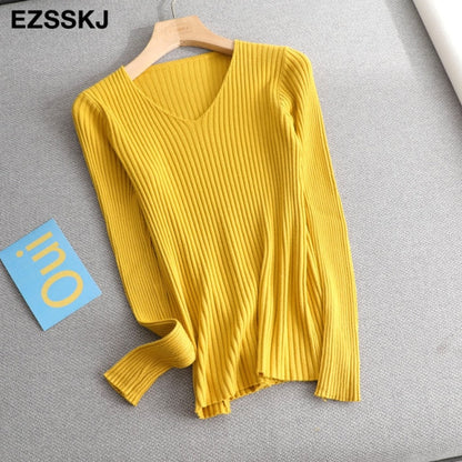 2021 basic v-neck solid autumn winter Sweater Pullover Women Female Knitted sweater slim long sleeve badycon sweater cheap