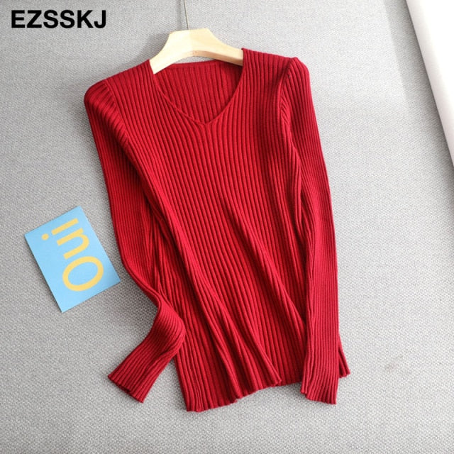 2021 basic v-neck solid autumn winter Sweater Pullover Women Female Knitted sweater slim long sleeve badycon sweater cheap