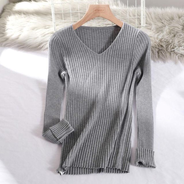 2021 basic v-neck solid autumn winter Sweater Pullover Women Female Knitted sweater slim long sleeve badycon sweater cheap