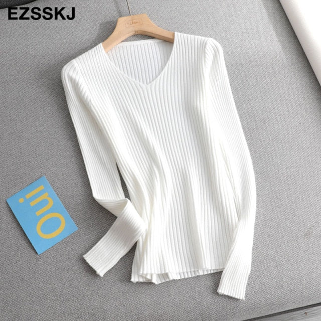 2021 basic v-neck solid autumn winter Sweater Pullover Women Female Knitted sweater slim long sleeve badycon sweater cheap