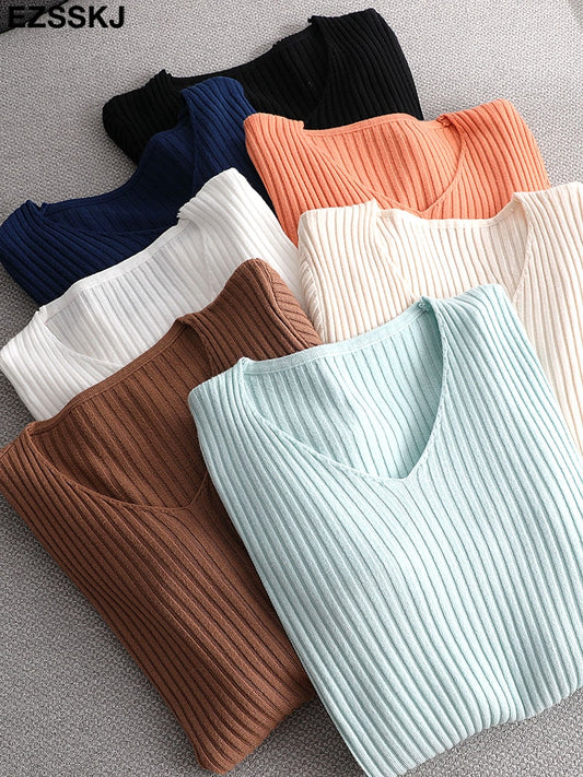 2021 basic v-neck solid autumn winter Sweater Pullover Women Female Knitted sweater slim long sleeve badycon sweater cheap