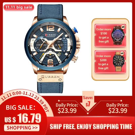 CURREN Casual Sport Watches for Men Blue Top Brand Luxury Military Leather Wrist Watch Man Clock Fashion Chronograph Wristwatch